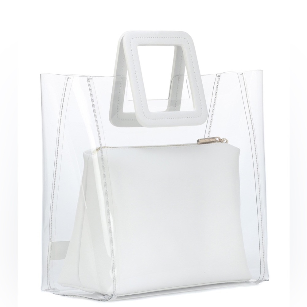Staud Shirley Perspex Clear PVC White Top Handle Tote Bag with pouch Medium